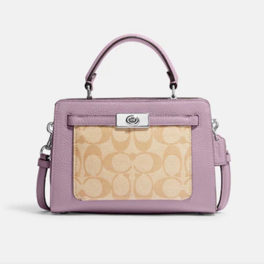 Coach Mini Lane Top Handle In Signature Canvas in Silver/Light Khaki/Ice Purple